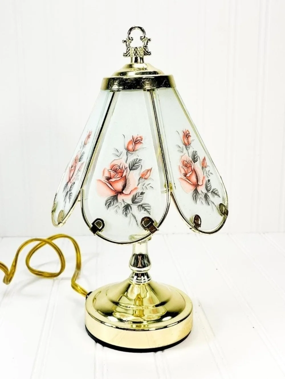 Vintage Floral Glass Table Lamp - Pink Rose Accent